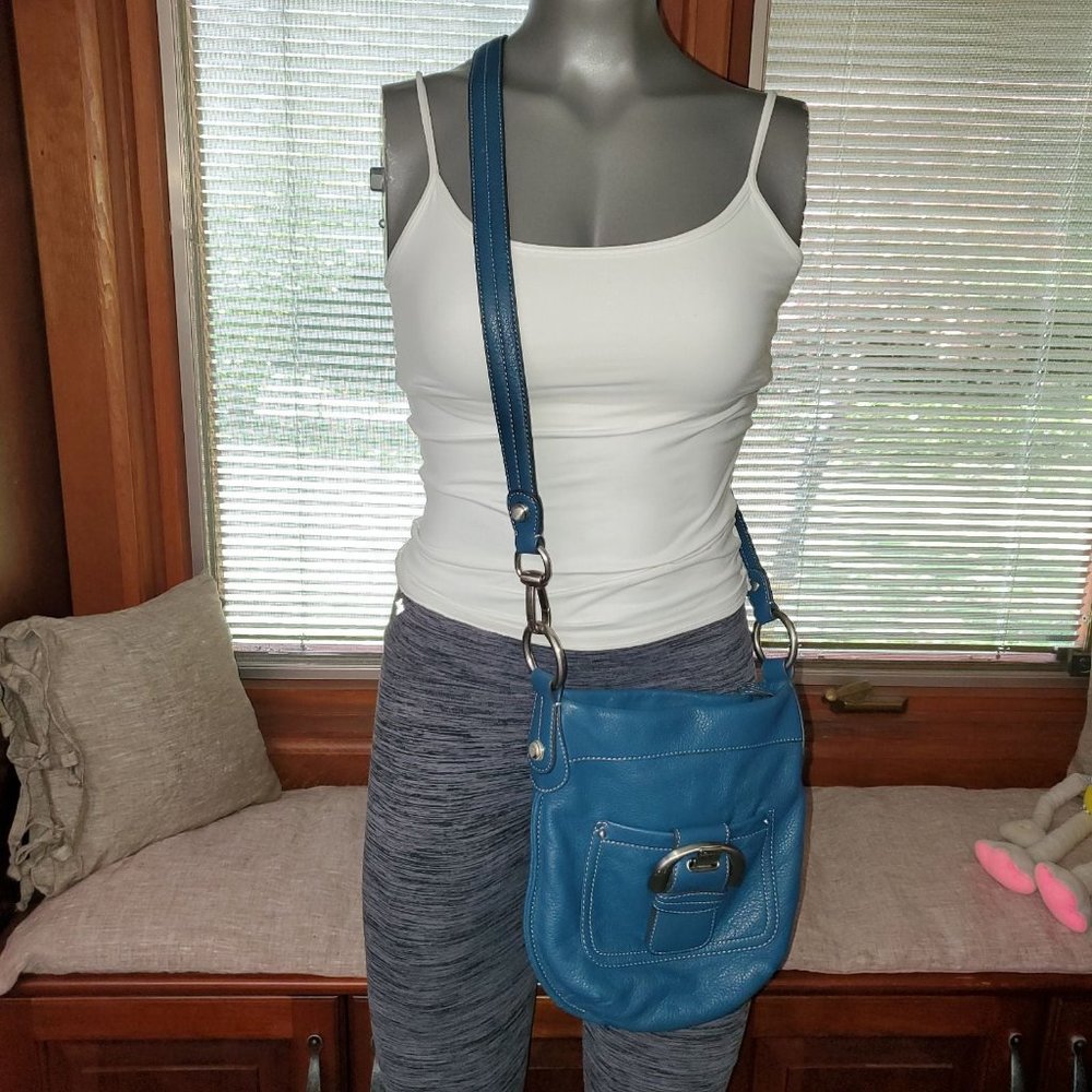Bruce Makowsky Blue Pebbled Leather Crossbody Bag with brushed Nickel Hardware